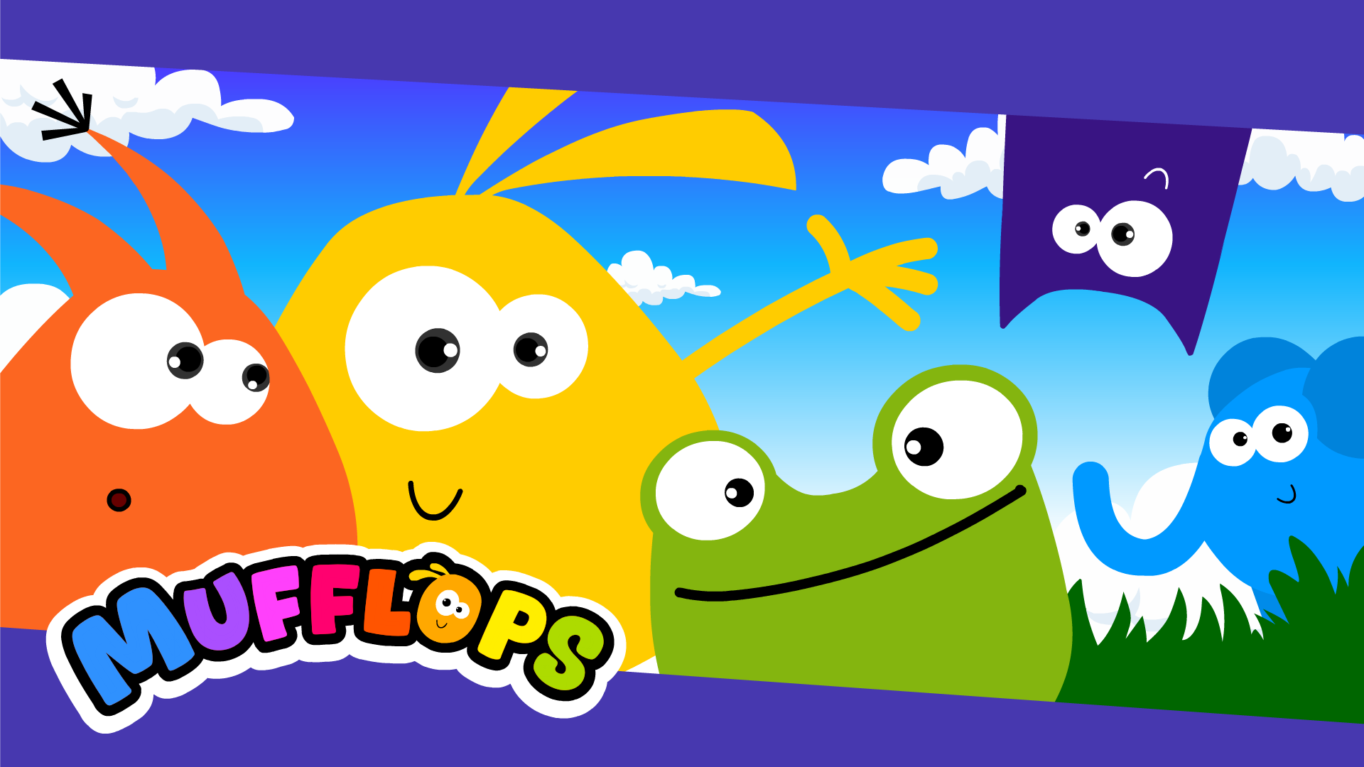 Colorful Mufflops characters ready for a fun science adventure – featuring a chicken, goose, and hedgehog